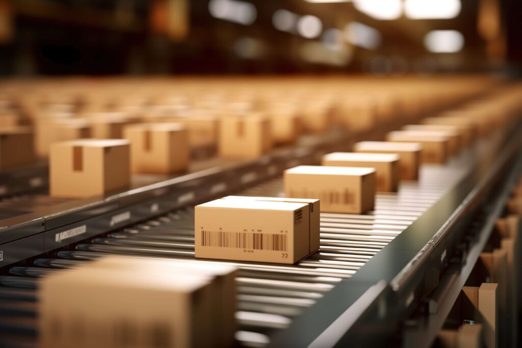 Closeup of multiple cardboard box packages seamlessly moving along a conveyor belt in a warehouse fulfilment centre using stockturn to optimise your inventory